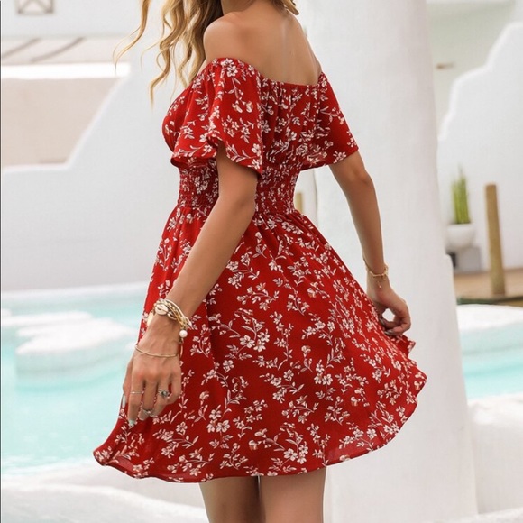 Boho Red Floral Print Off Drop Shoulder Smocked Waist Dress - Picture 6 of 6